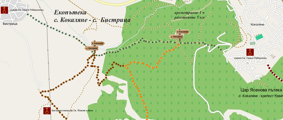 Екопътека Бистрица (посоката е указана със зелени точки), scroll to enlarge