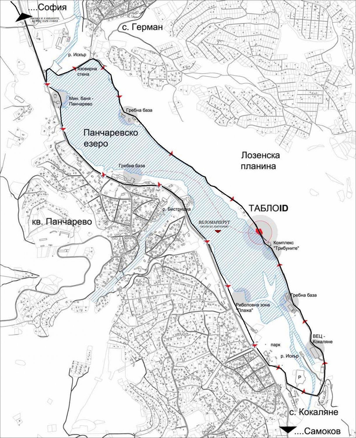 Трасе на бъдещ веломаршрут около Панчаревсото езеро (посоката е означена с червени стрелки)